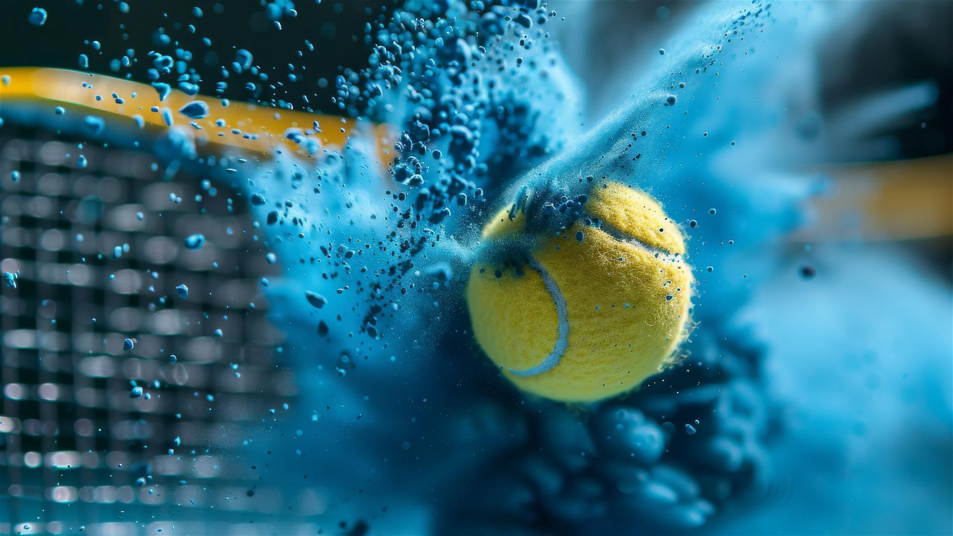 Macro view of a yellow tennis ball striking a racket amidst blue powder