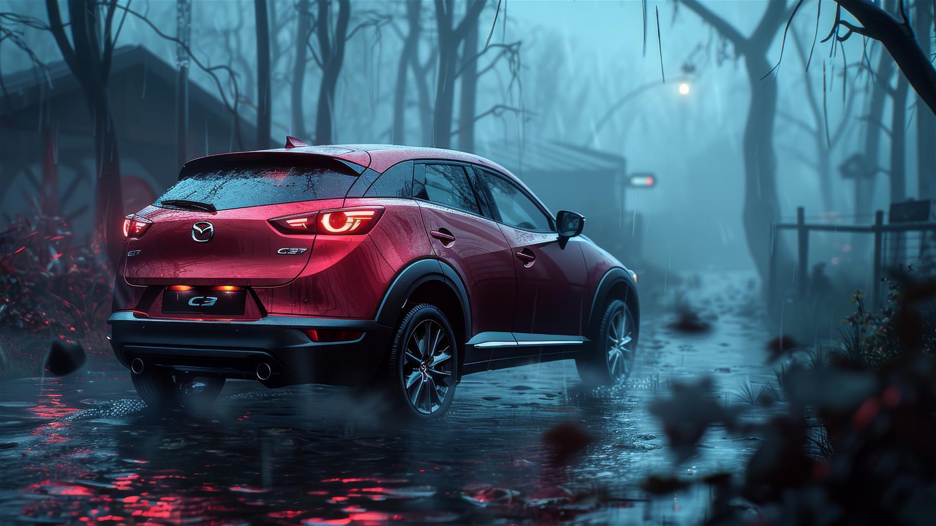 Gothic gloomy Mazda CX-3 in foggy dim lighting, photorealistic closeup