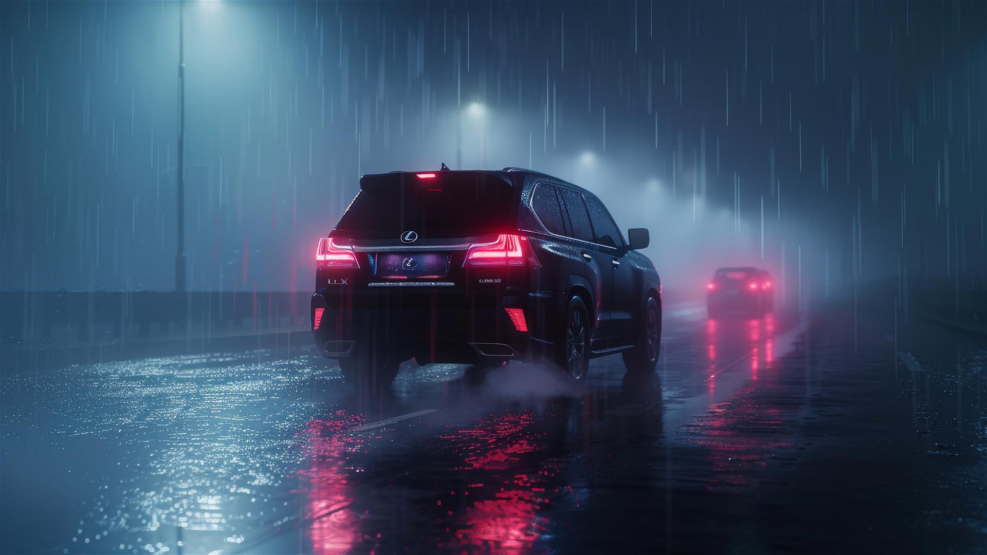 Closeup view of a Lexus LX in dim, foggy gothic gloomy setting