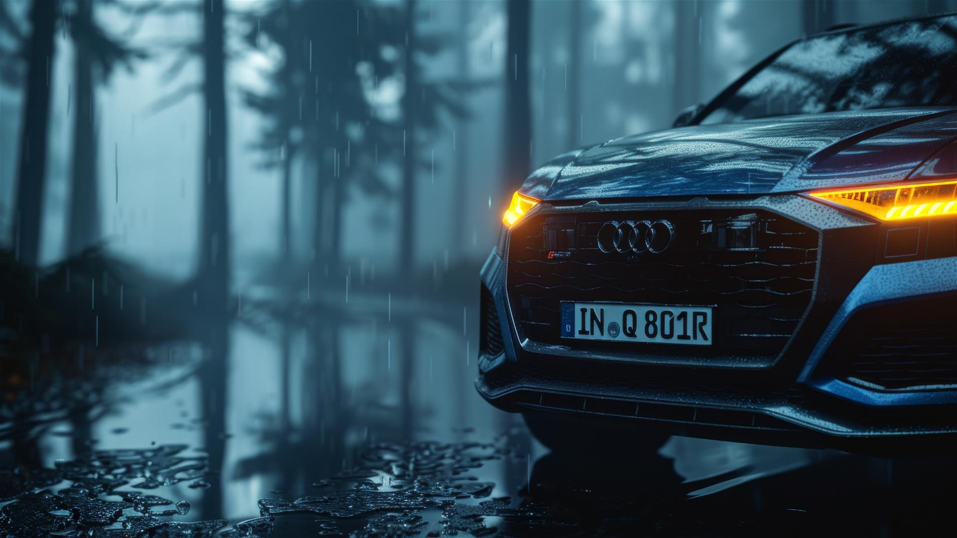 Audi Q8 in dim light, gothic and foggy atmosphere, photorealistic closeup