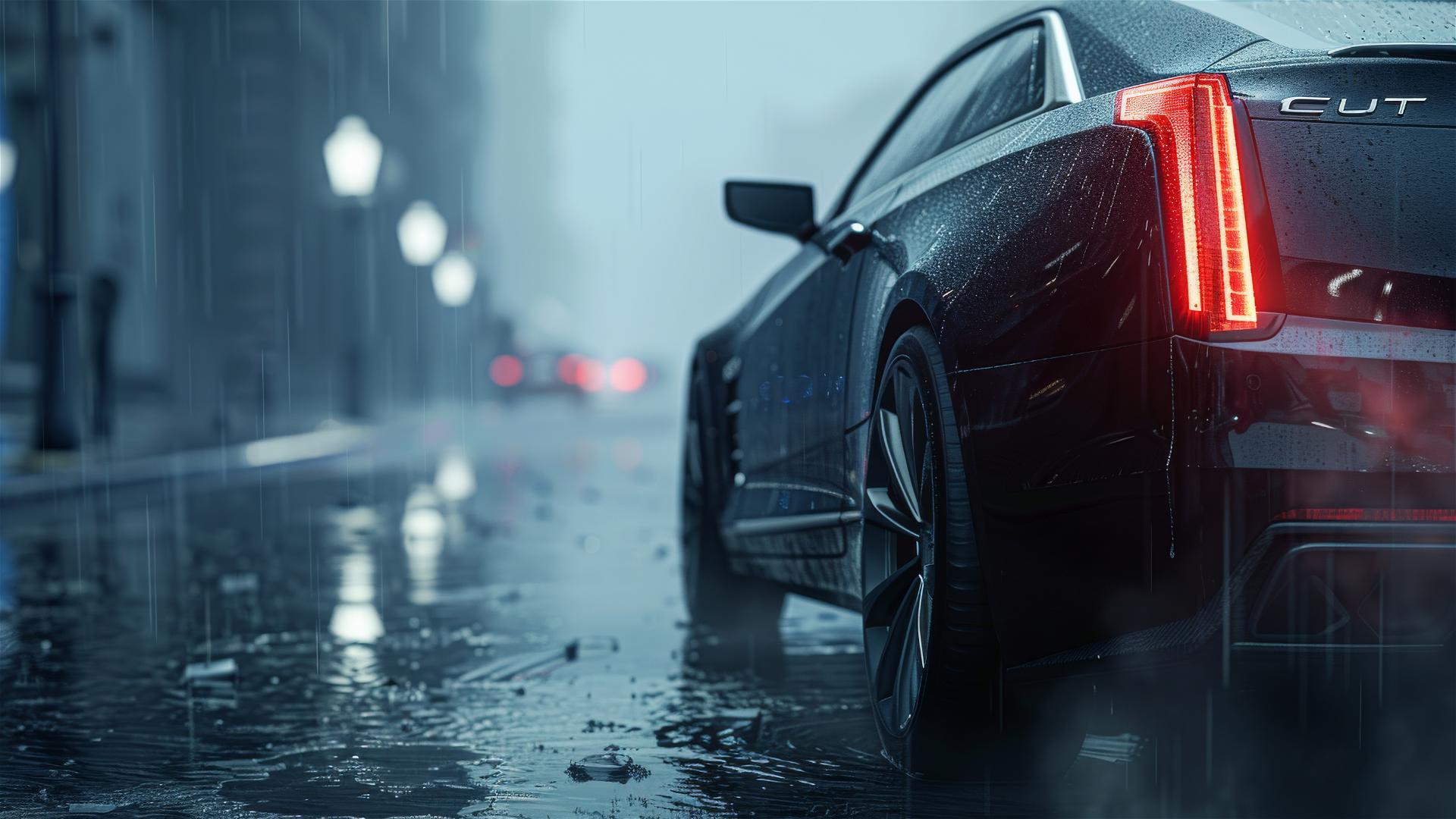 Photorealistic closeup view of a Cadillac CT6 under dim, foggy gothic gloomy lighting
