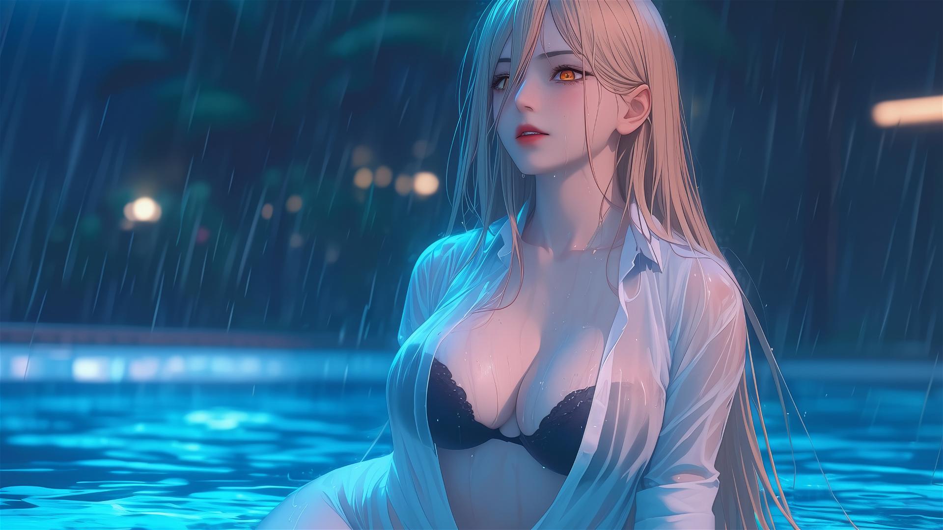 Anime character Power from Chainsaw Man resting at a rainy swimming pool, thigh focus with blond hair, light red horns, and yellow eyes