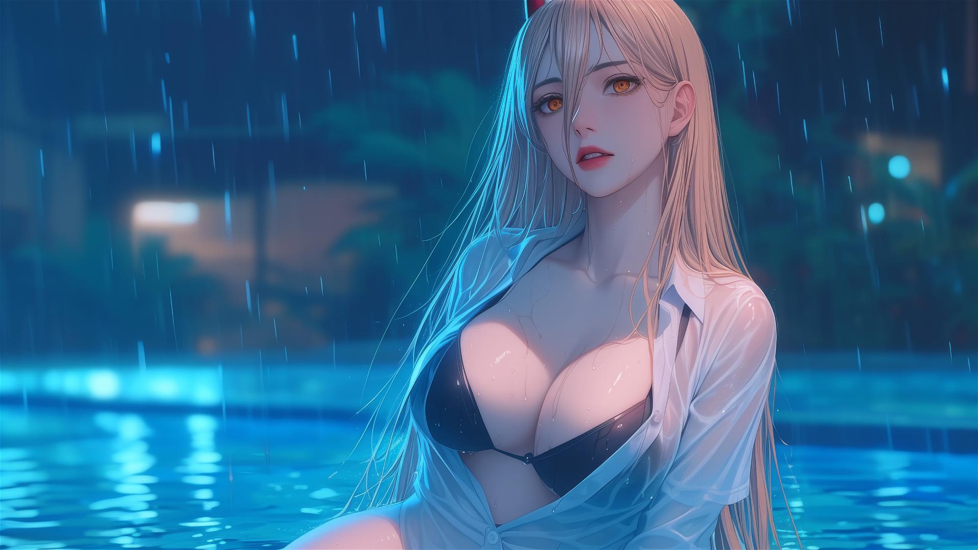 Power from Chainsaw Man resting at rainy pool, thigh focus, blond hair, light red horns, yellow eyes
