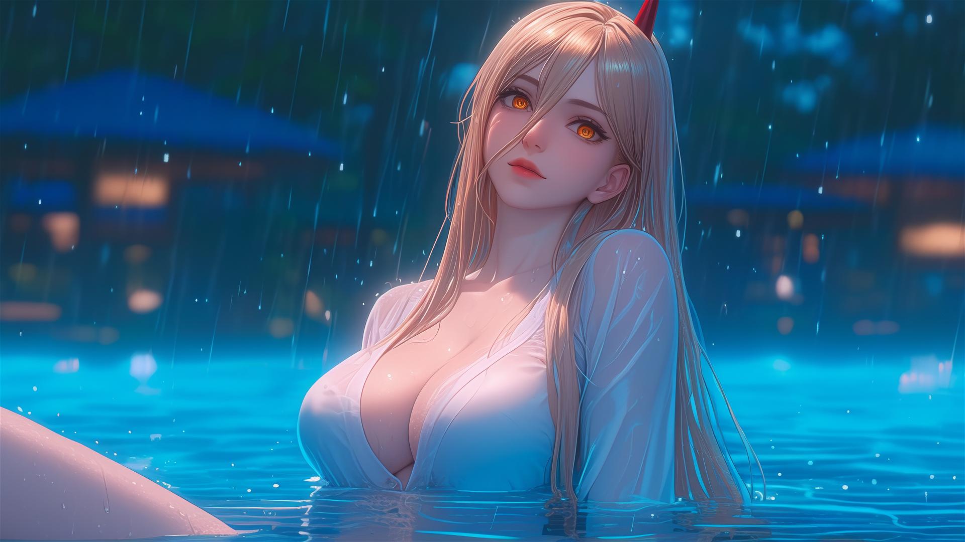 Power from Chainsaw Man resting at a rainy swimming pool with blond hair and light red horns, focus on thighs