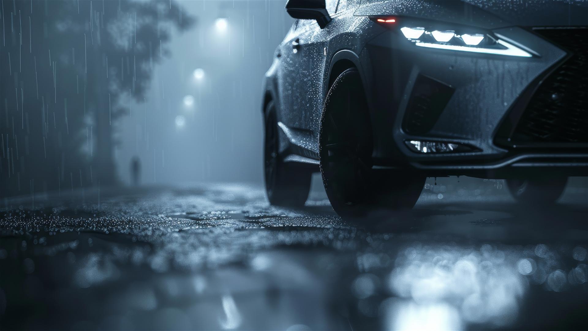 Closeup view of a Lexus RX in dim, foggy, Gothic settings