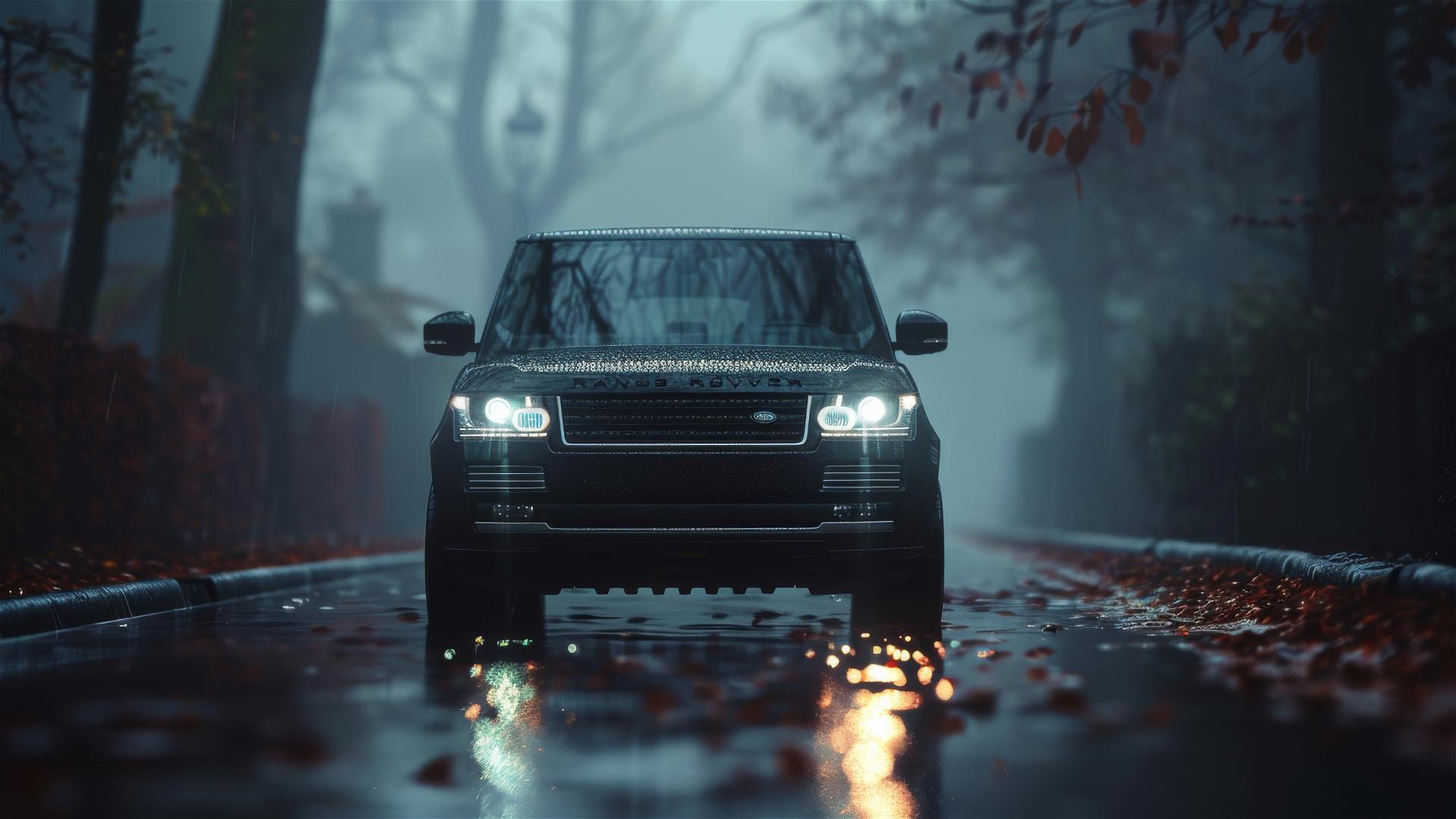 Foggy photorealistic closeup view of a Land Rover Range Rover under dim gothic gloomy lighting