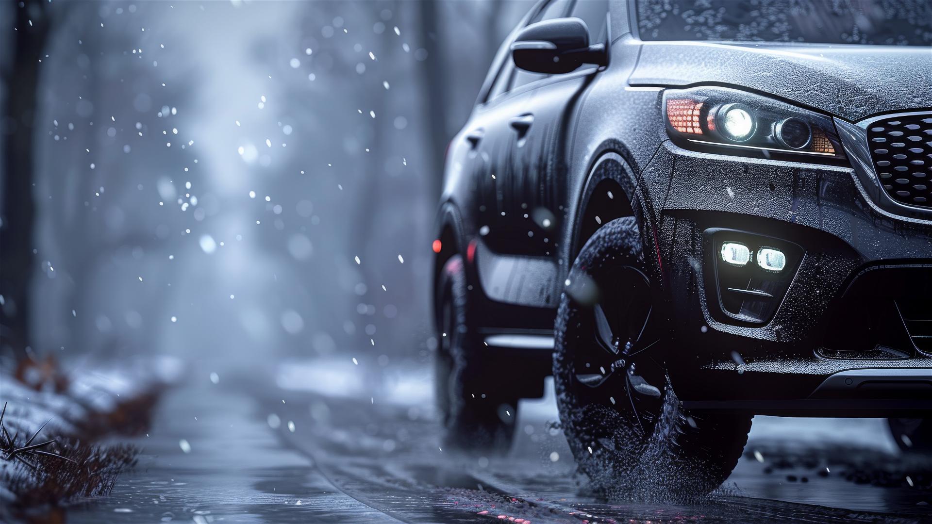 Closeup view of a kia sorento in dim, Gothic gloomy setting, foggy and photorealistic