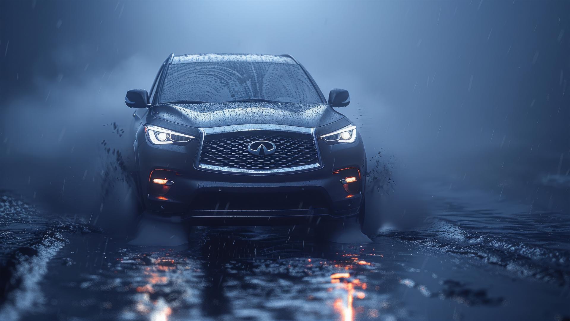 Close-up of Infiniti QX60 in dim, foggy setting with gothic gloom