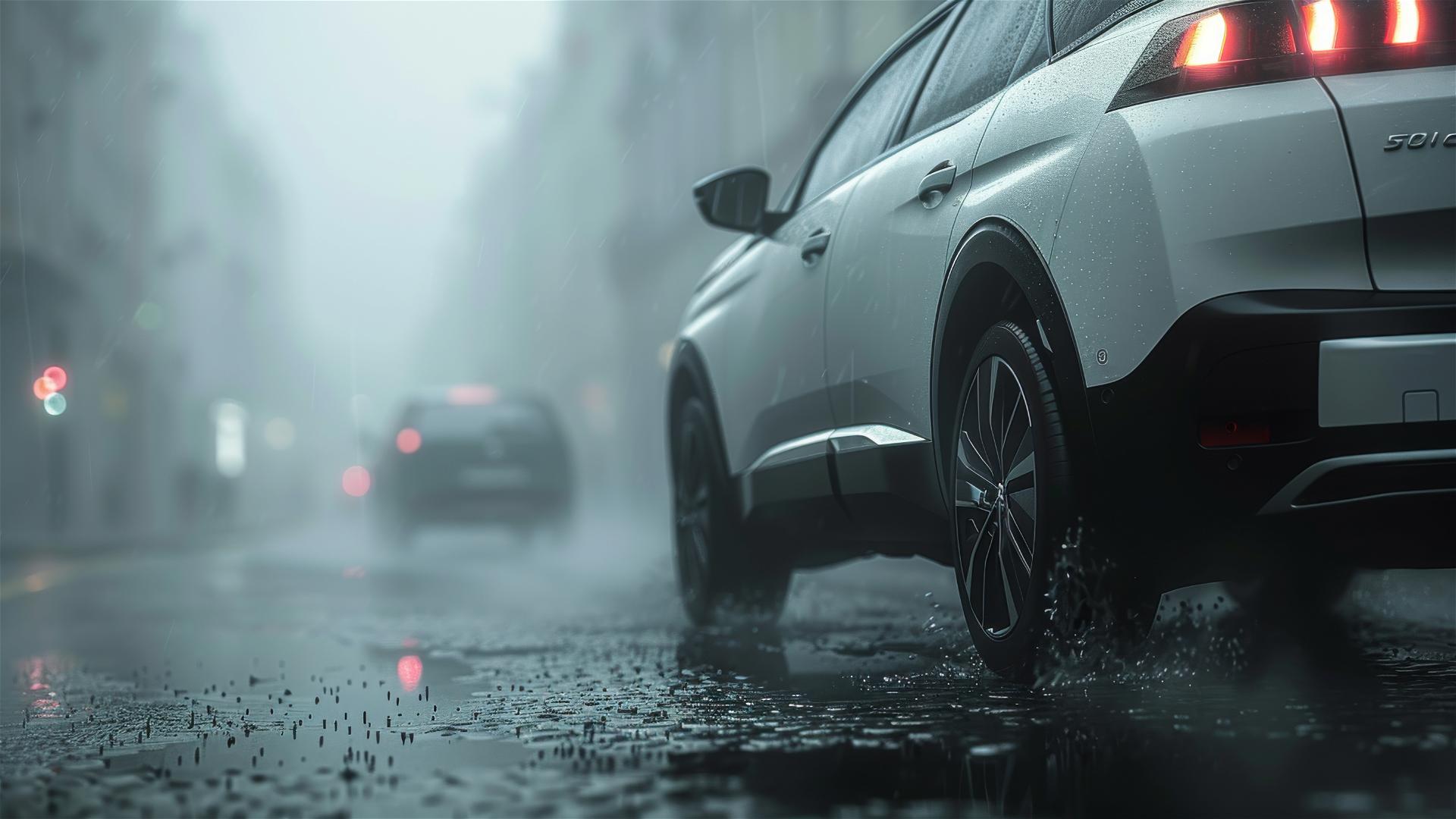 Closeup of Peugeot 5008 in dim, foggy, gothic setting