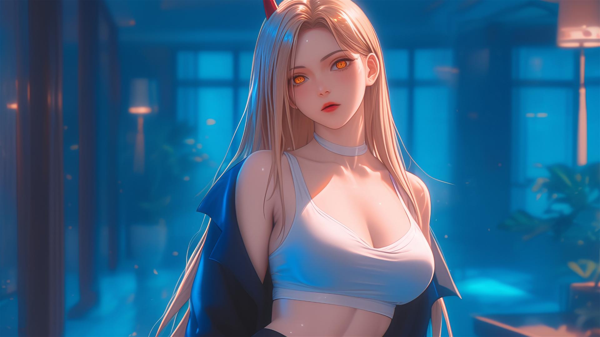 Power from Chainsaw Man in office hallway with focus on thighs, blonde hair, light red horns, yellow eyes.