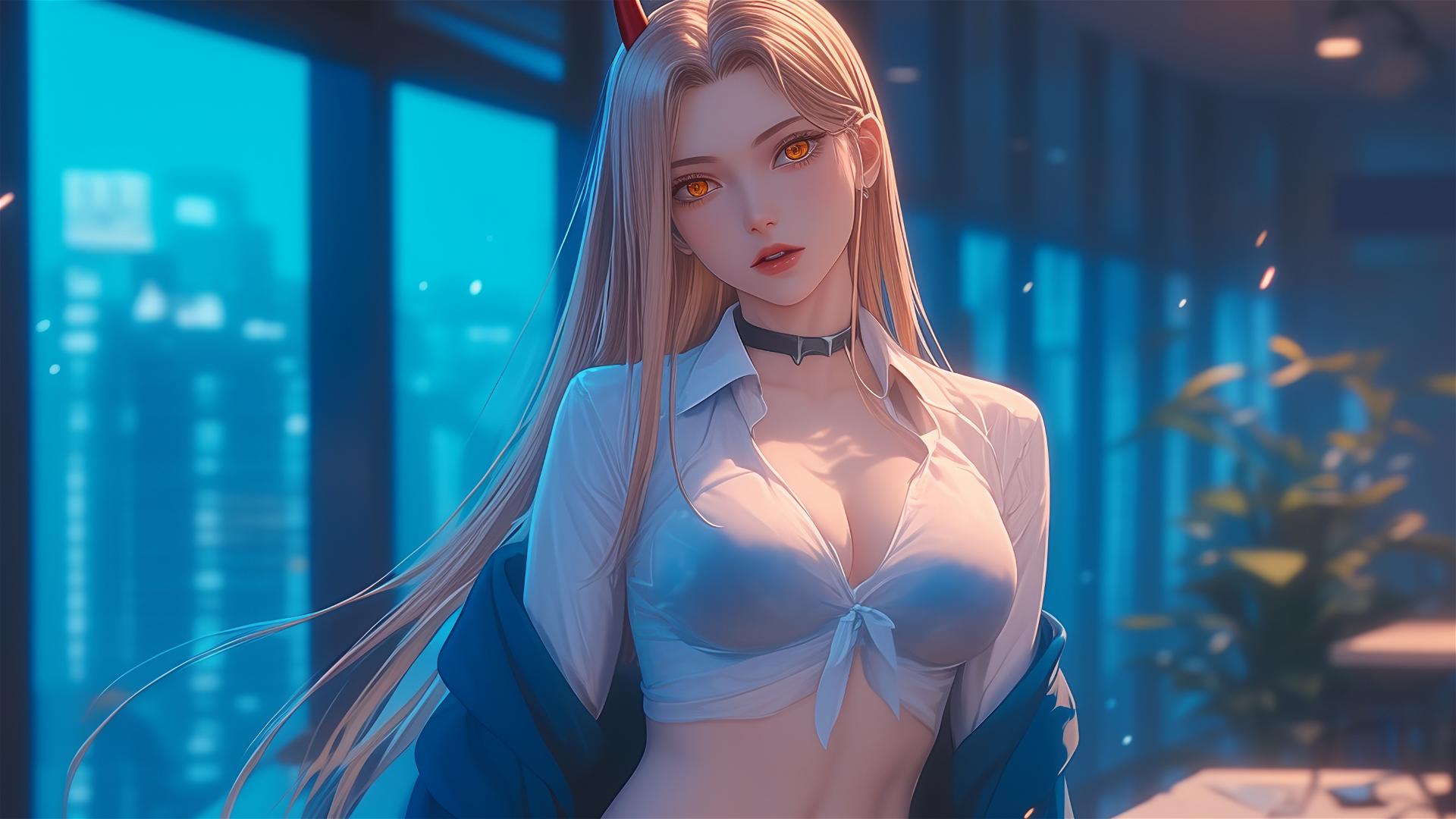 Power from Chainsaw Man in office hallway with focus on thighs, blonde hair, red horns, yellow eyes