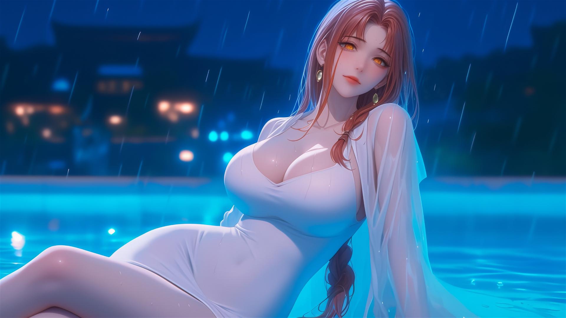 Makima from Chainsaw Man by the pool in moonlight with white dress and blond hair