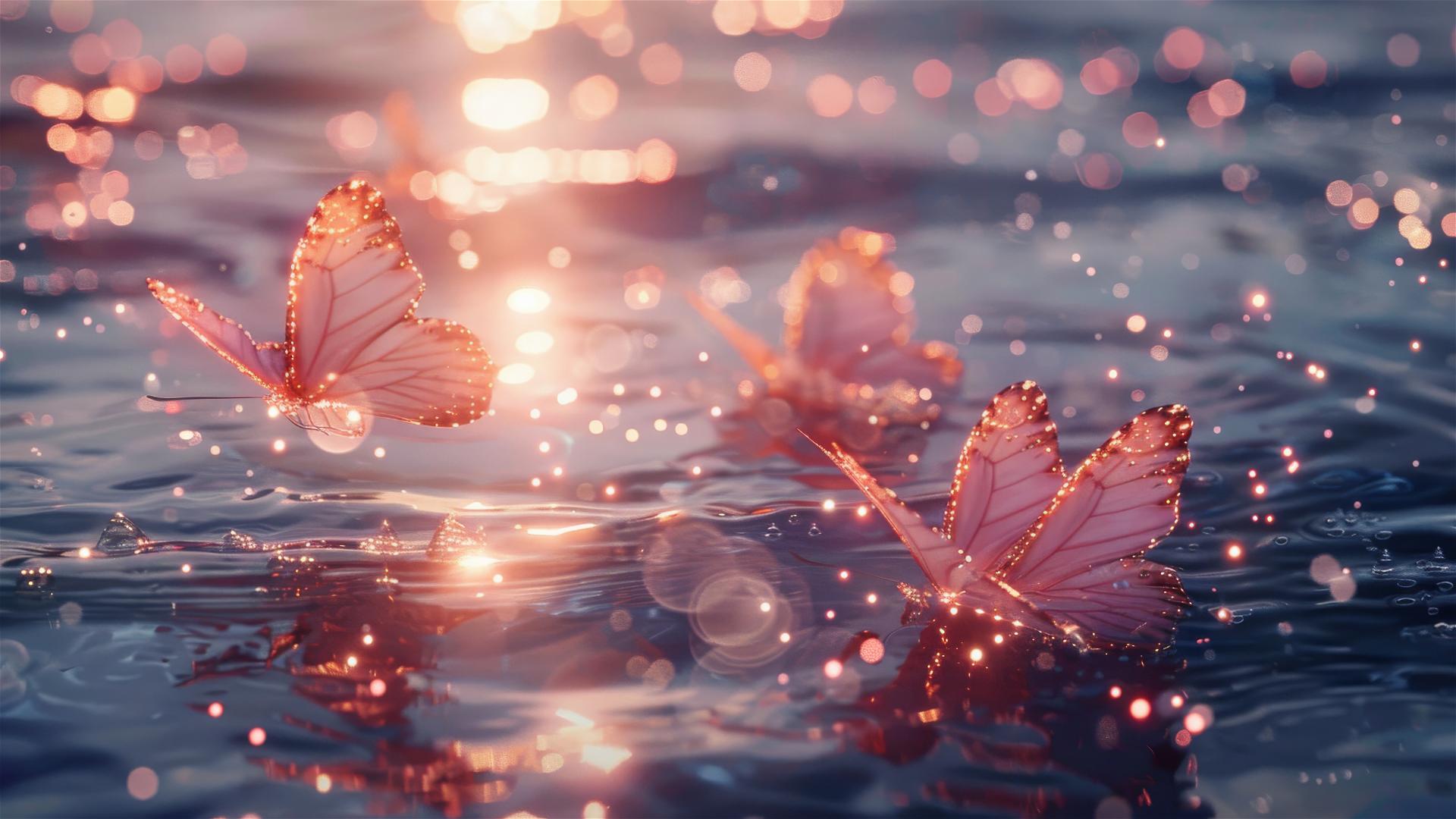 Sparkling sea with pink and gold butterflies, whimsical and dreamlike style