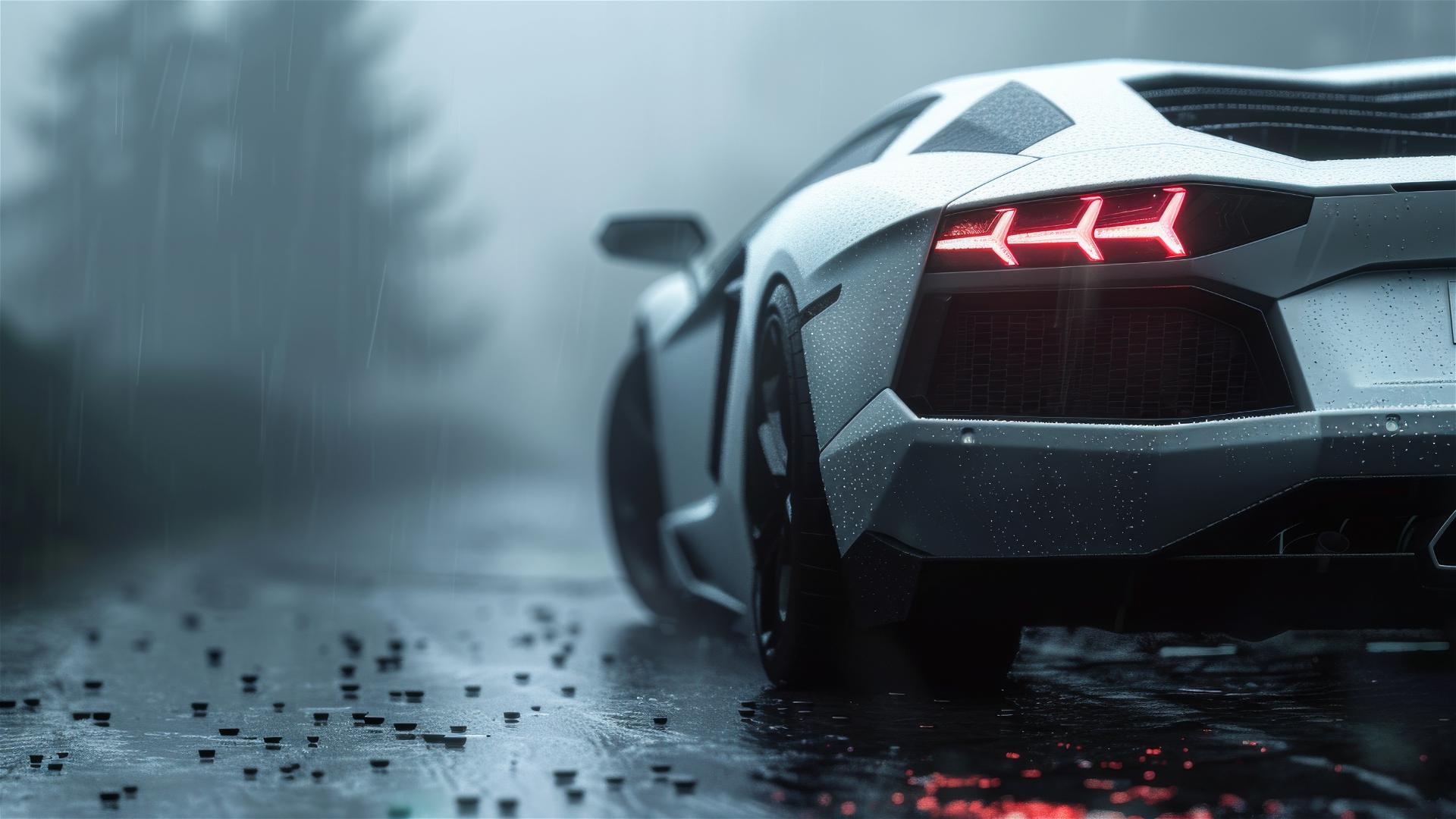 Gothic Lamborghini Aventador in foggy dim light