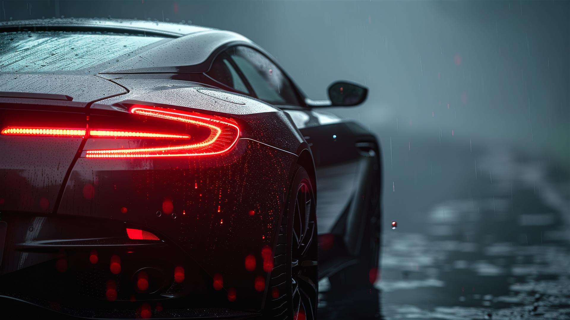 Close-up of Aston Martin DB11 under dim, foggy lighting with a gothic gloom