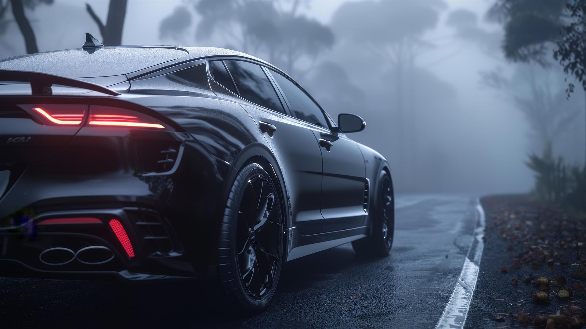 Kia Stinger in dim, foggy setting with Gothic gloom