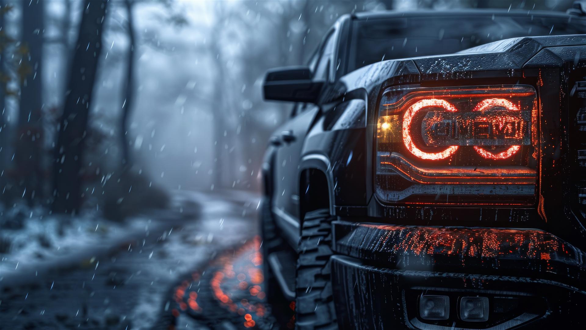 Gothic gloomy GMC Canyon closeup with dim lighting and fog