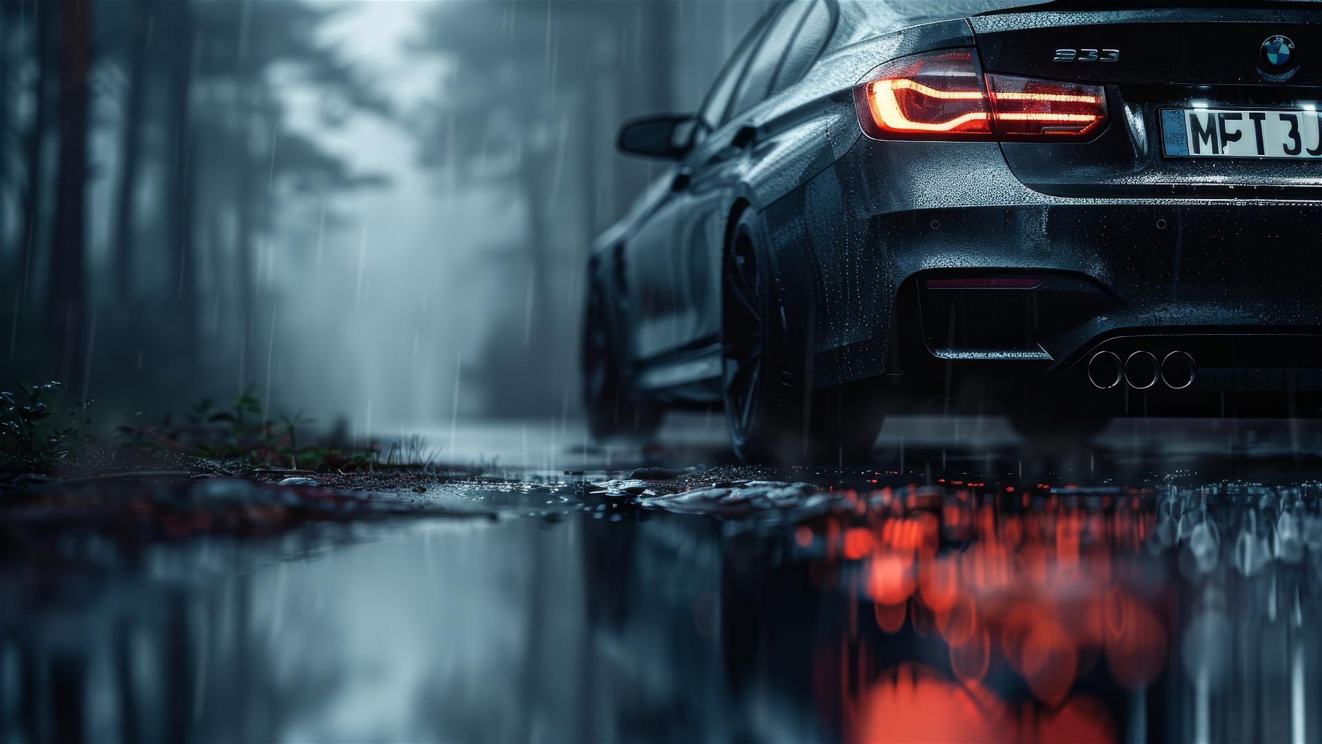 BMW 3 Series in dim gothic lighting with a closeup view, foggy and photorealistic.
