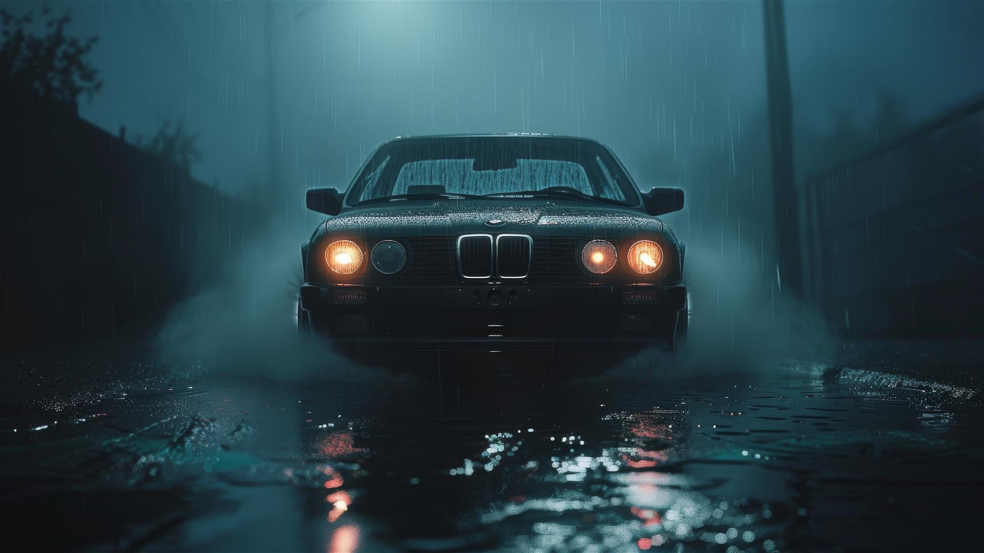 BMW 3 Series car in dim gothic lighting with fog 8K