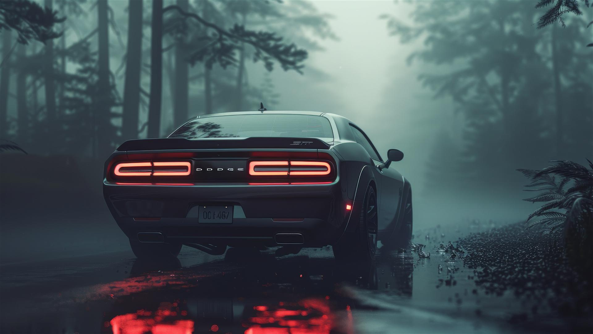 Gothic gloomy Dodge Challenger in dim light with fog