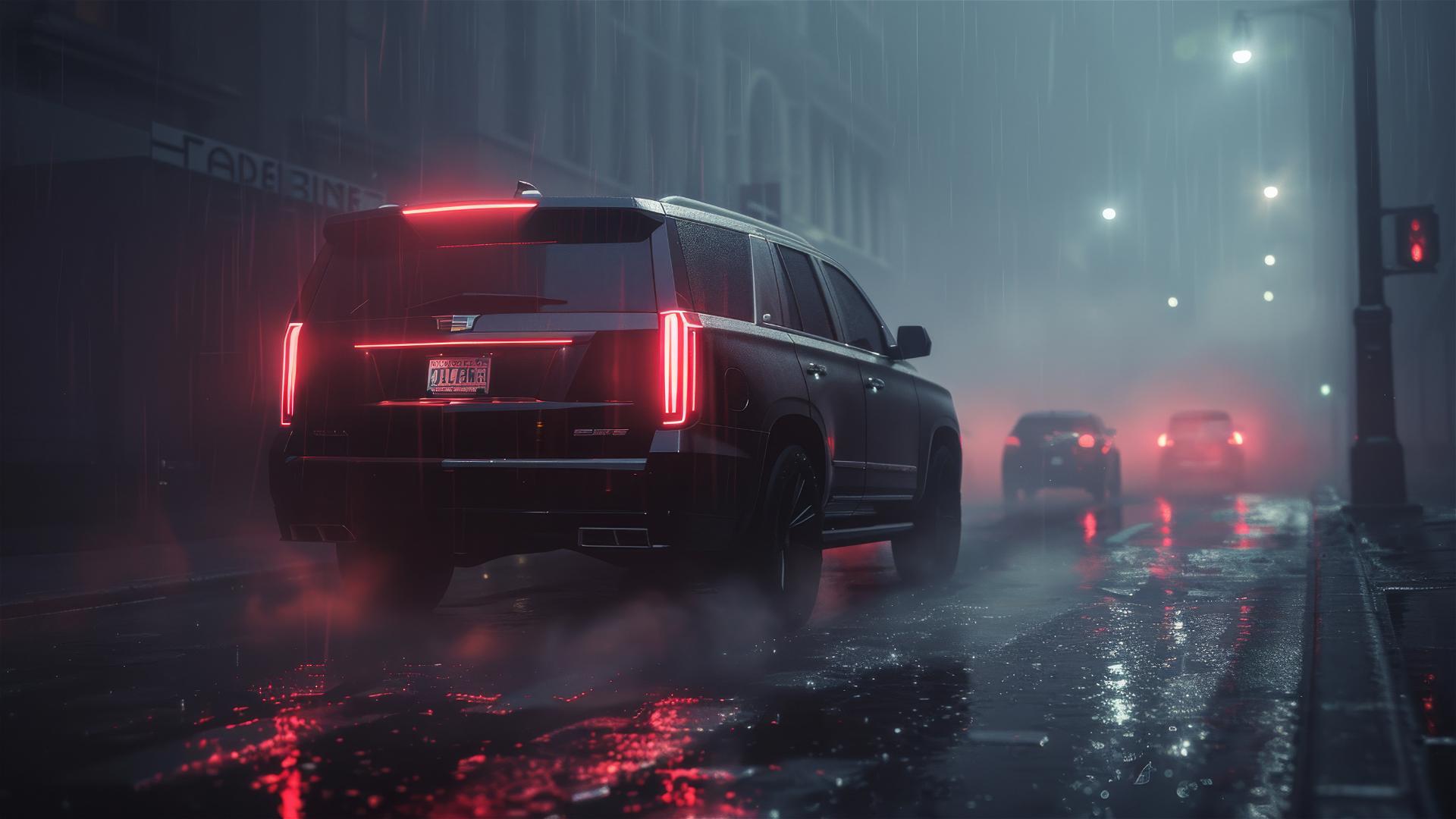 Cadillac Escalade in dim gothic lighting with a closeup, foggy and photorealistic 8k view