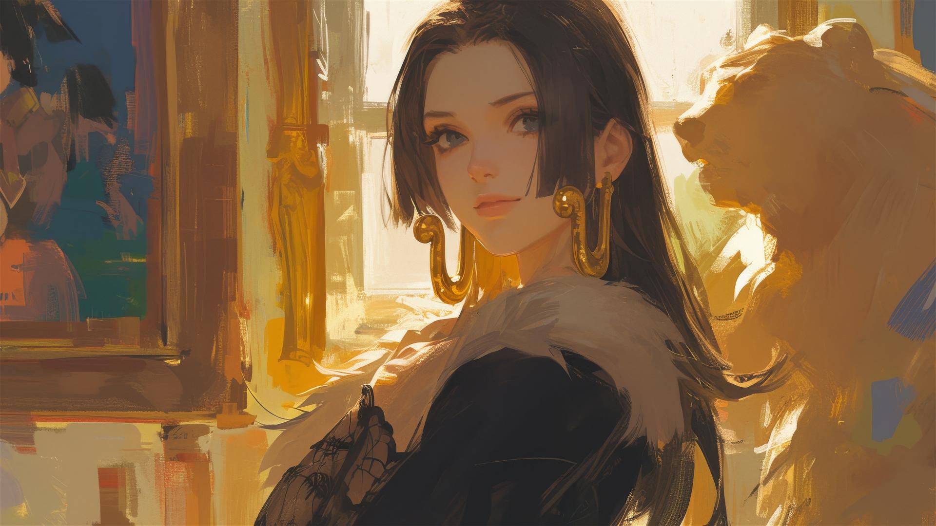 Boa Hancock from One Piece exploring an art gallery under soft lights