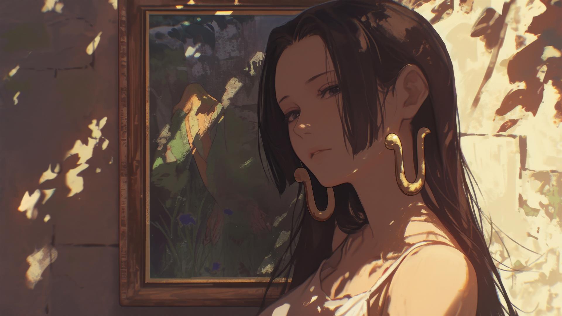 Boa Hancock, One Piece character, strolling in an art gallery under soft lights