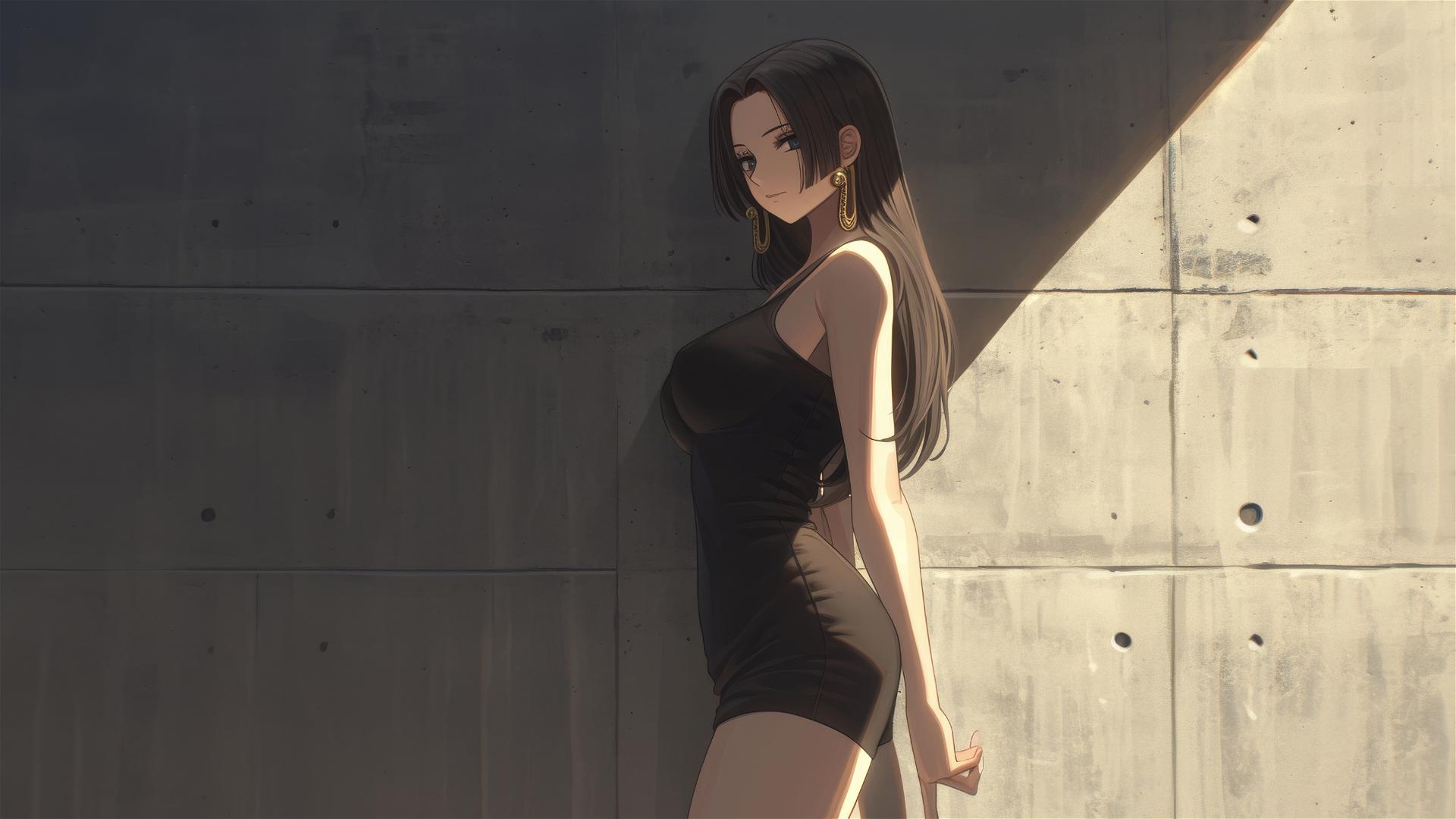 Boa Hancock from One Piece wandering in an art gallery under soft lights