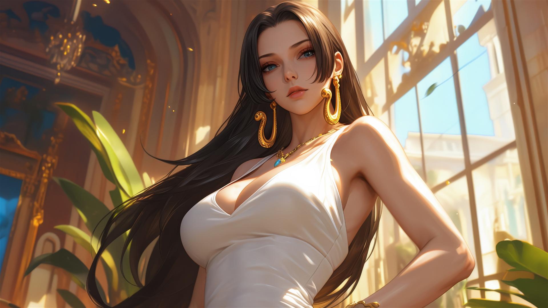 Boa Hancock from One Piece traversing an art gallery under soft lighting