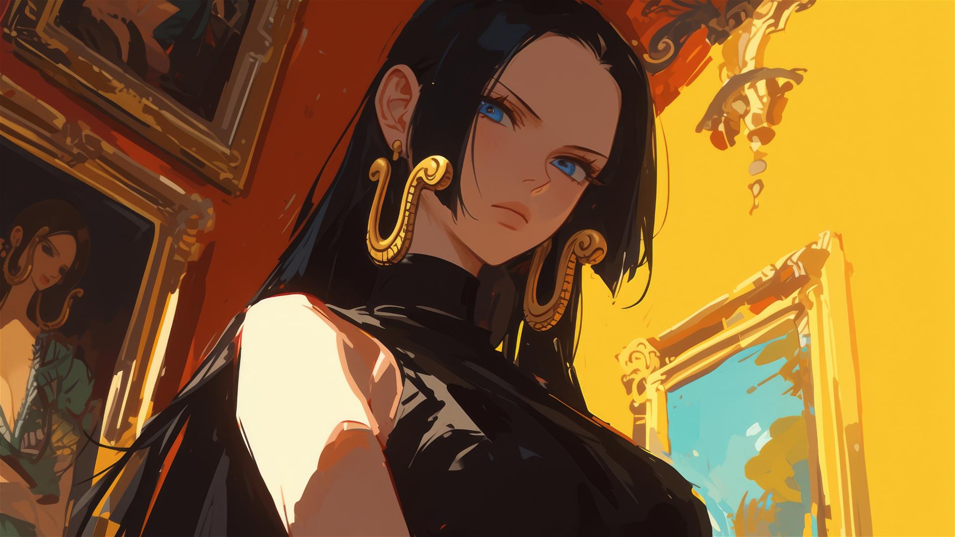 Boa Hancock from One Piece in an art gallery under soft lighting
