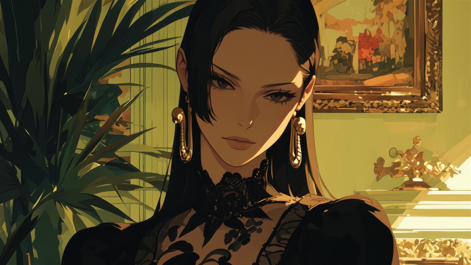 Boa Hancock from One Piece in a softly lit art gallery