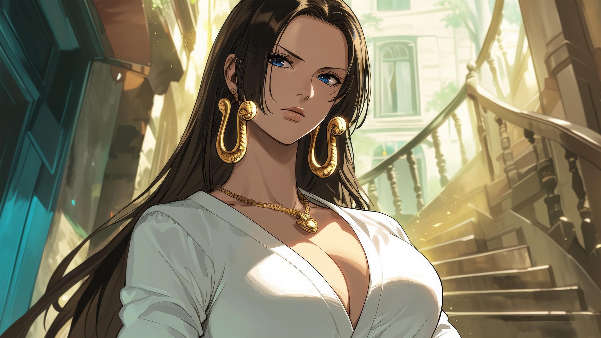 Boa Hancock strolling in an art gallery under soft lighting