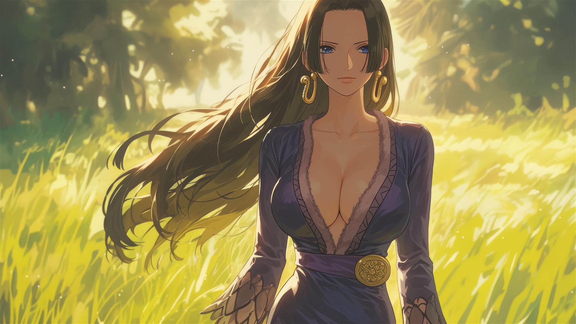 Boa Hancock from One Piece strolling in a misty meadow with morning light illuminating her