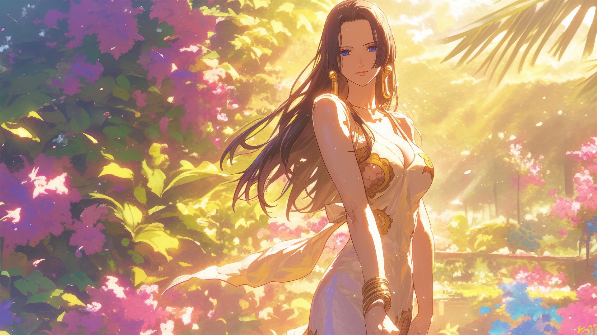 Boa Hancock strolls through a sunlit garden, soft glow from the afternoon sun
