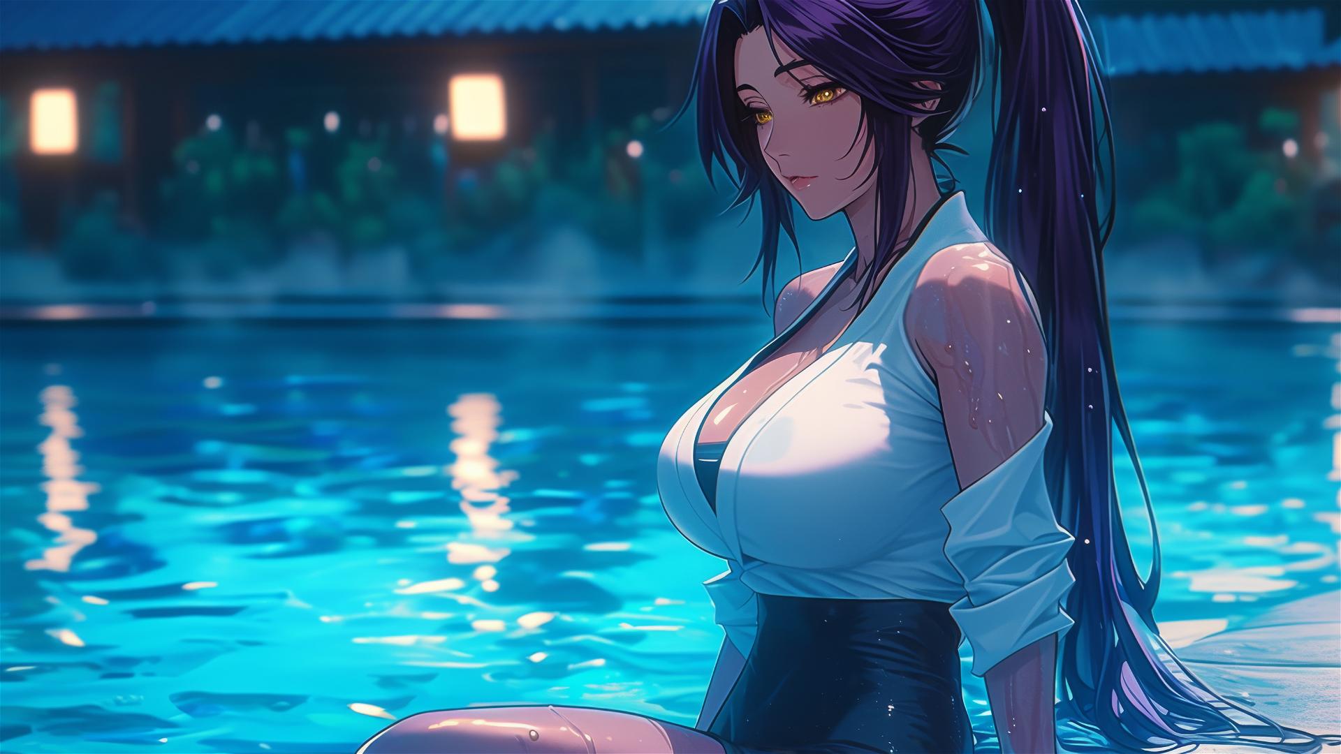 Yoruichi Shihouin resting by the pool under moonlight, dark skin, golden eyes, long purple ponytail