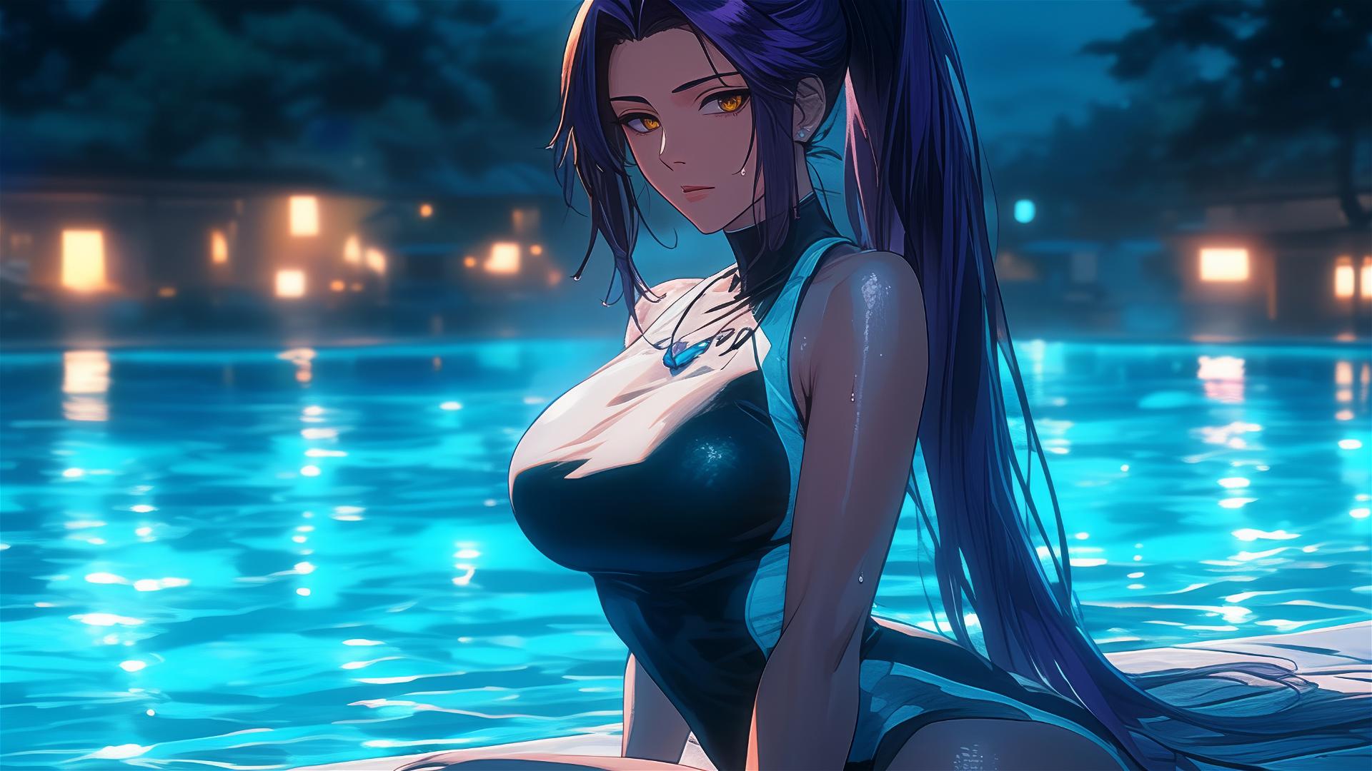 Yoruichi Shihouin resting by a pool under moonlight, golden eyes, purple ponytail
