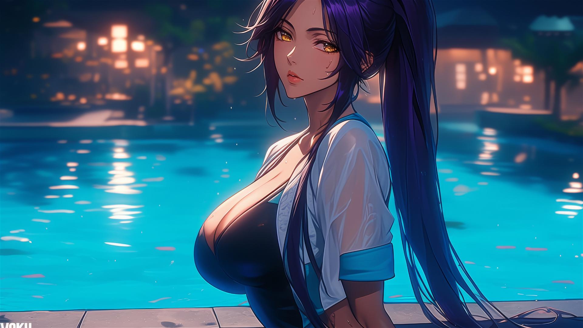 Yoruichi Shihouin by poolside under moonlight, glowing golden eyes, long purple ponytail