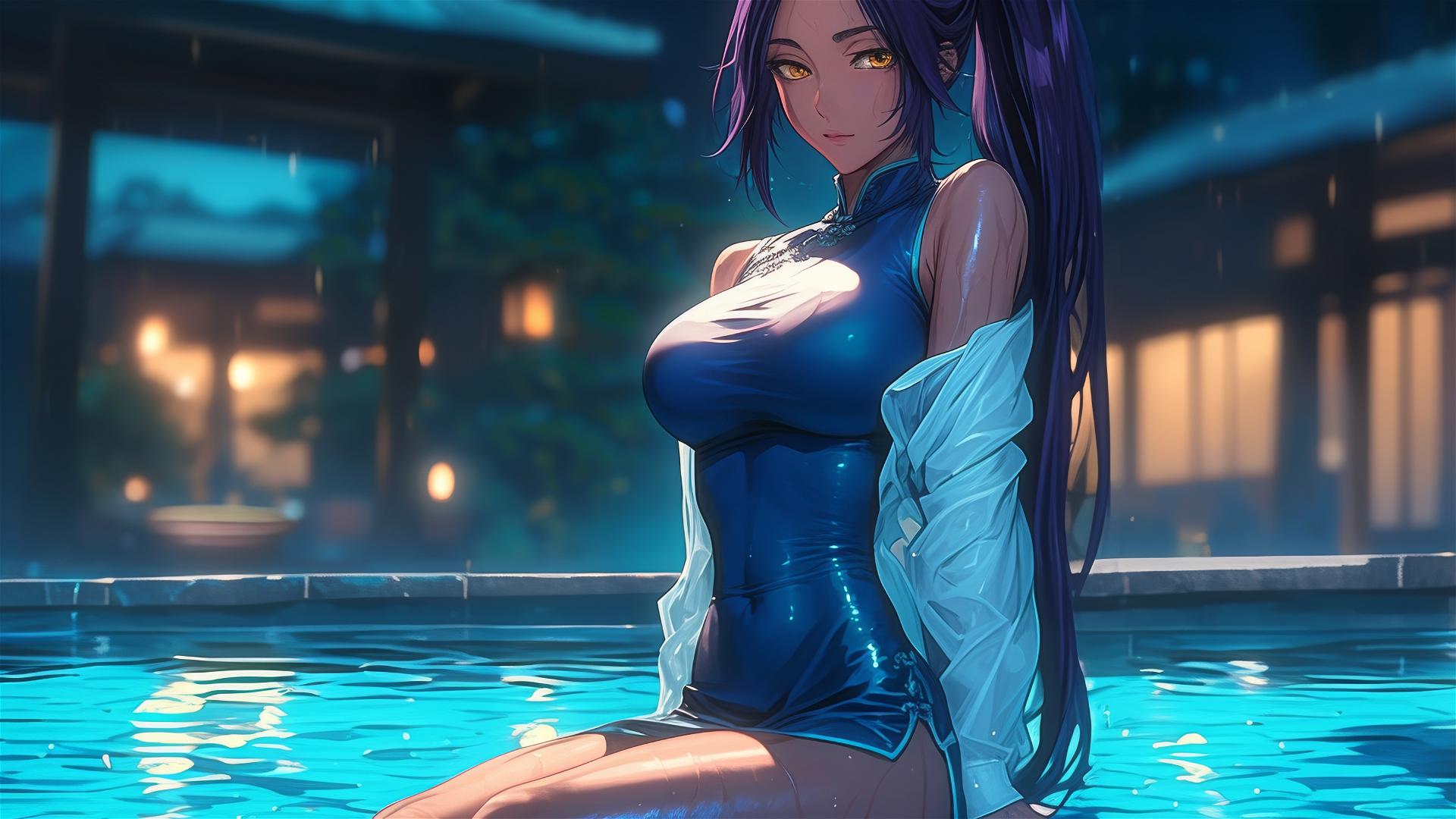 Yoruichi Shihouin resting by a pool under moonlight, with dark skin and golden eyes