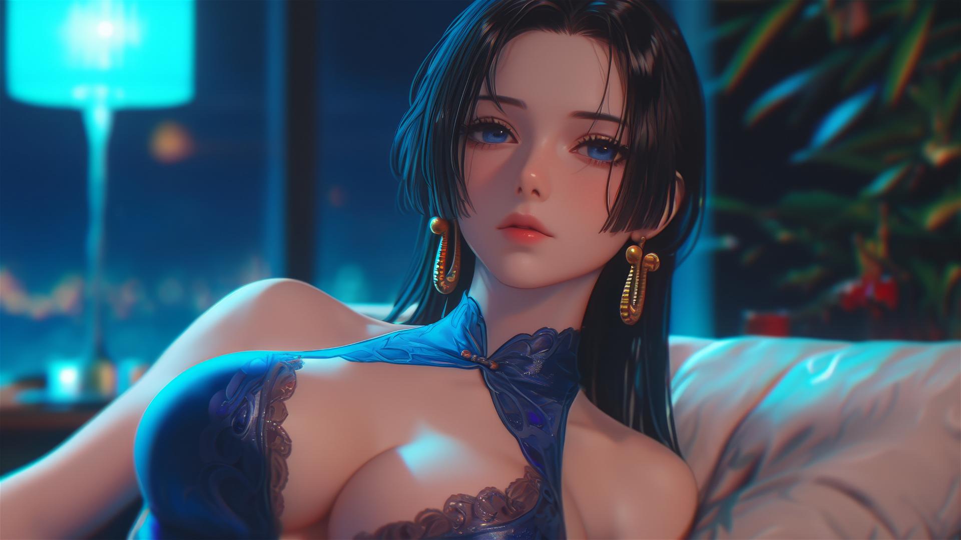 Boa Hancock from One Piece resting in an apartment under moonlight