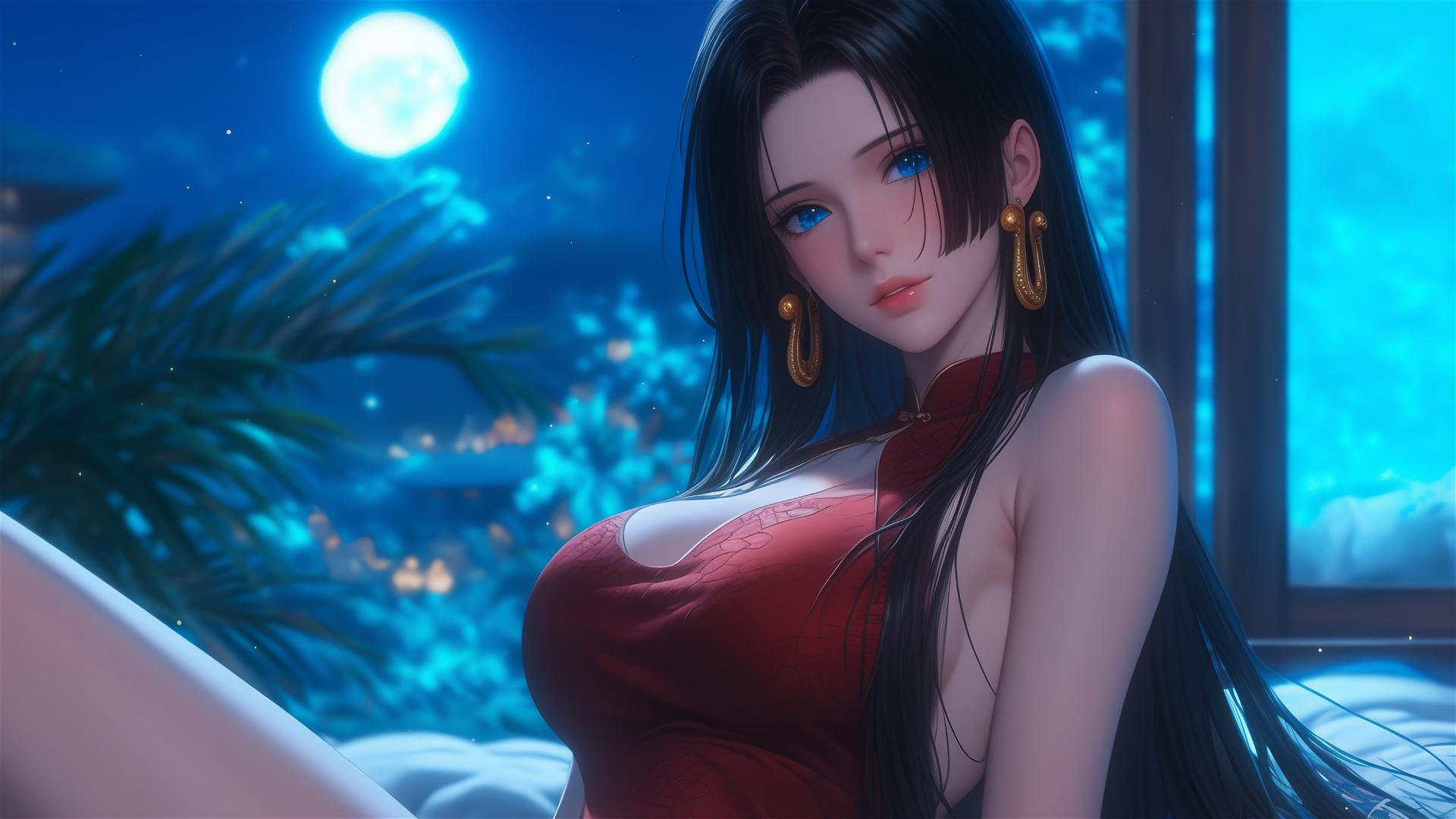 Boa Hancock from One Piece, sitting in an apartment with moonlight glow on her figure