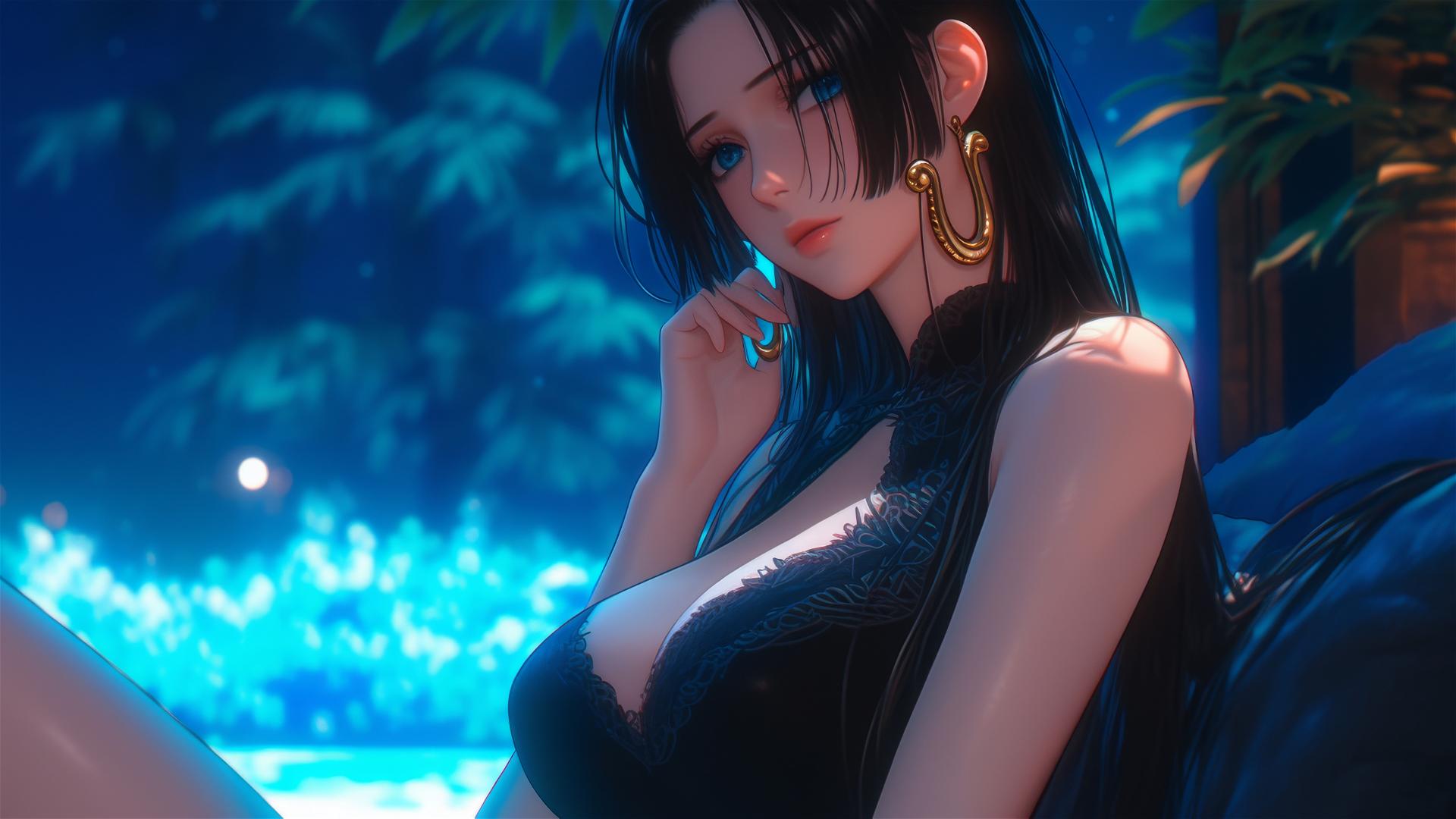 Boa Hancock from One Piece sitting in apartment under moonlight, with short hair