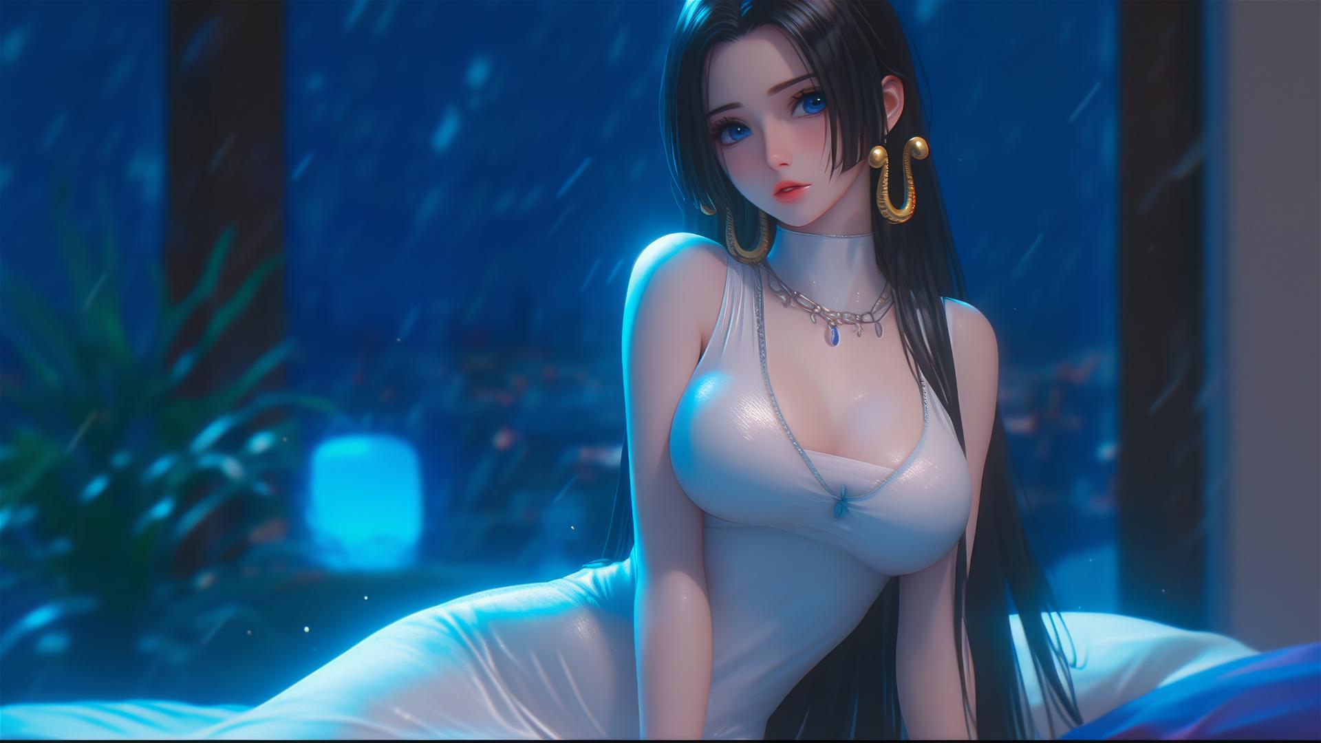 Boa Hancock from One Piece sitting relaxed in an apartment, moonlight illuminating her with short hair
