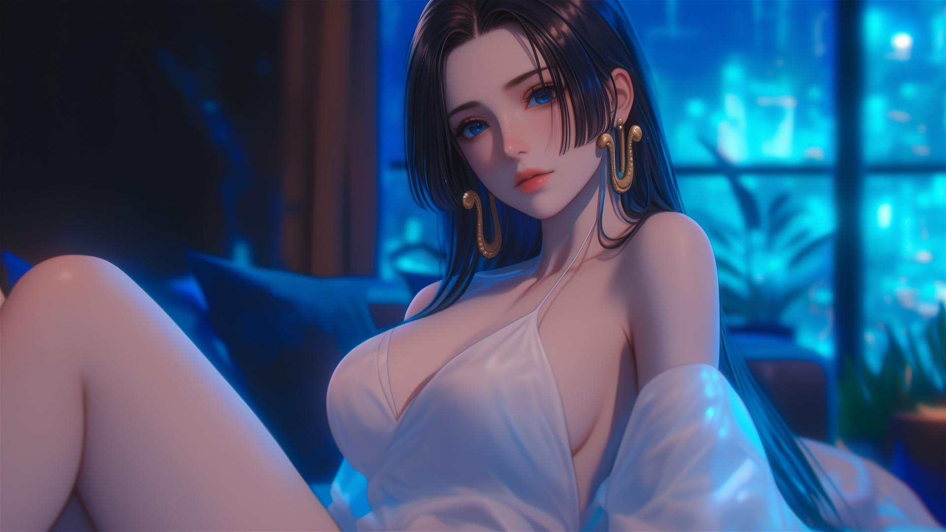 Boa Hancock from One Piece resting in apartment under moonlight glow, with short hair
