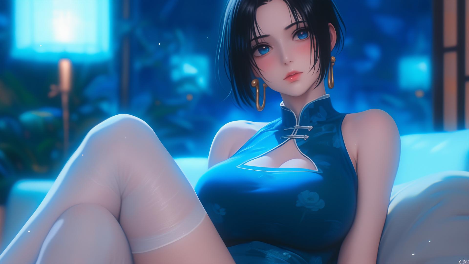 Boa Hancock from One Piece resting in apartment under moonlight with short hair