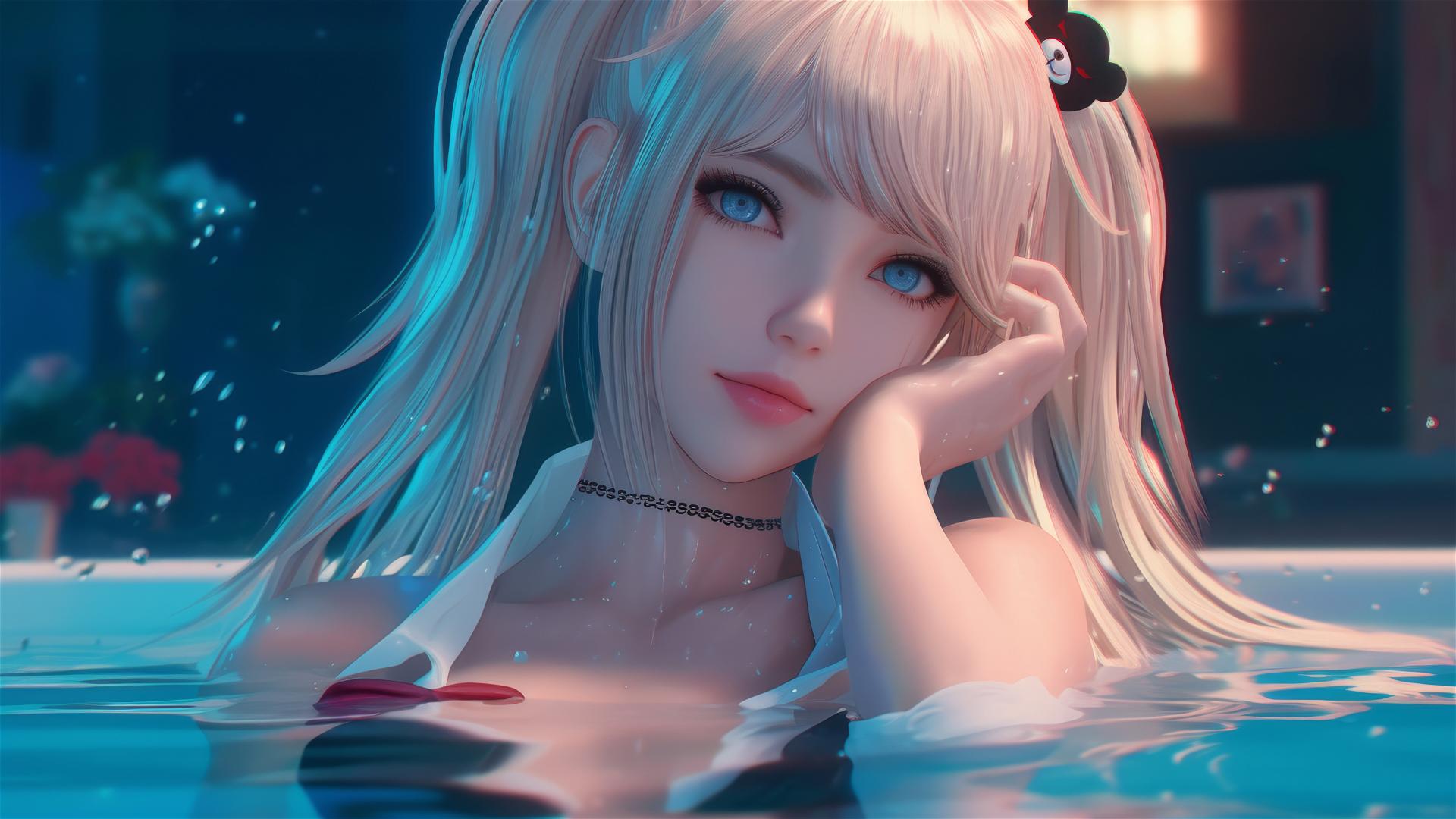 Junko Enoshima from Danganronpa in tub, blond hair, light blue eyes, Photorealistic, 8K