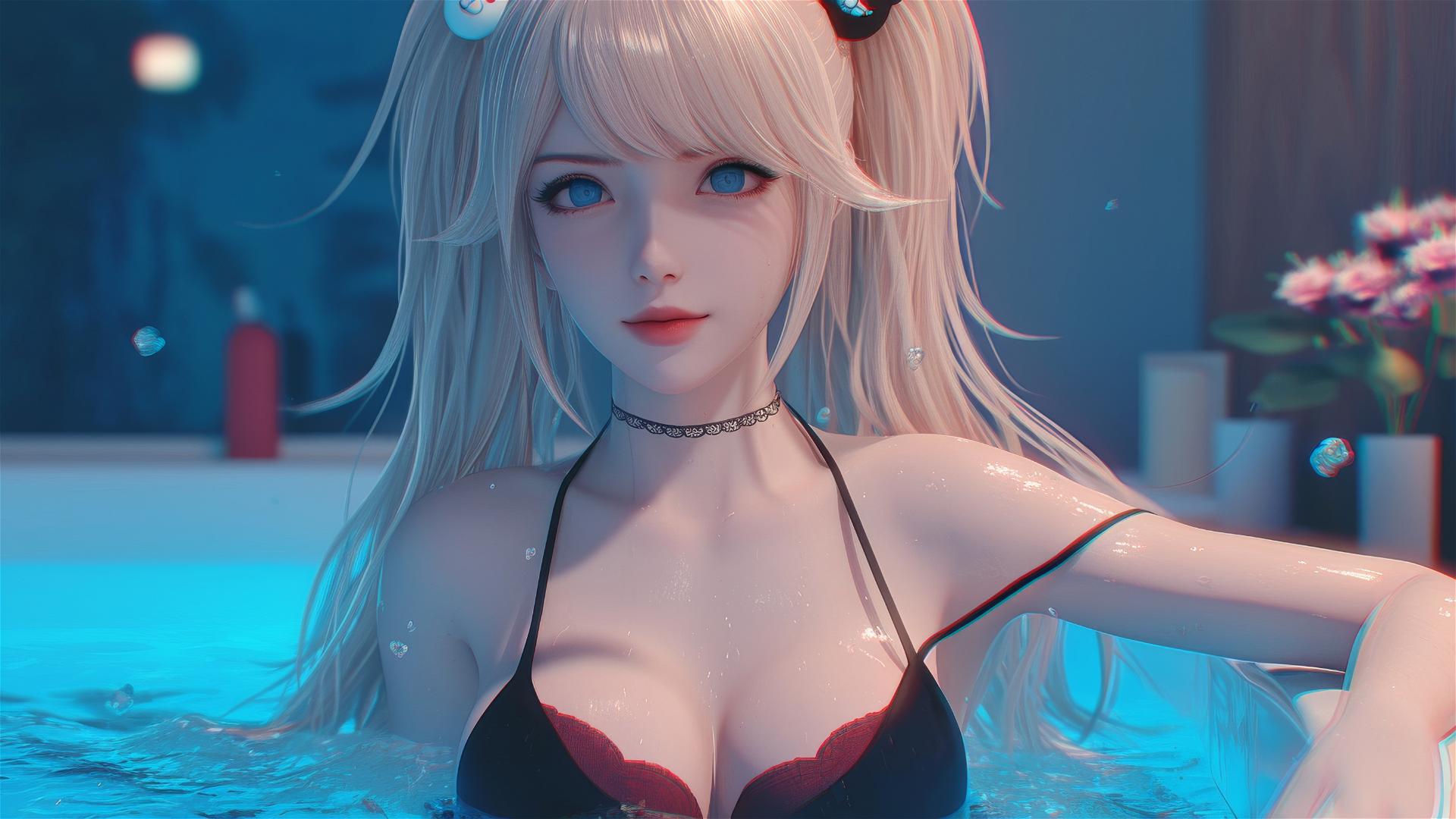 Junko Enoshima from Danganronpa relaxing in a tub in her apartment