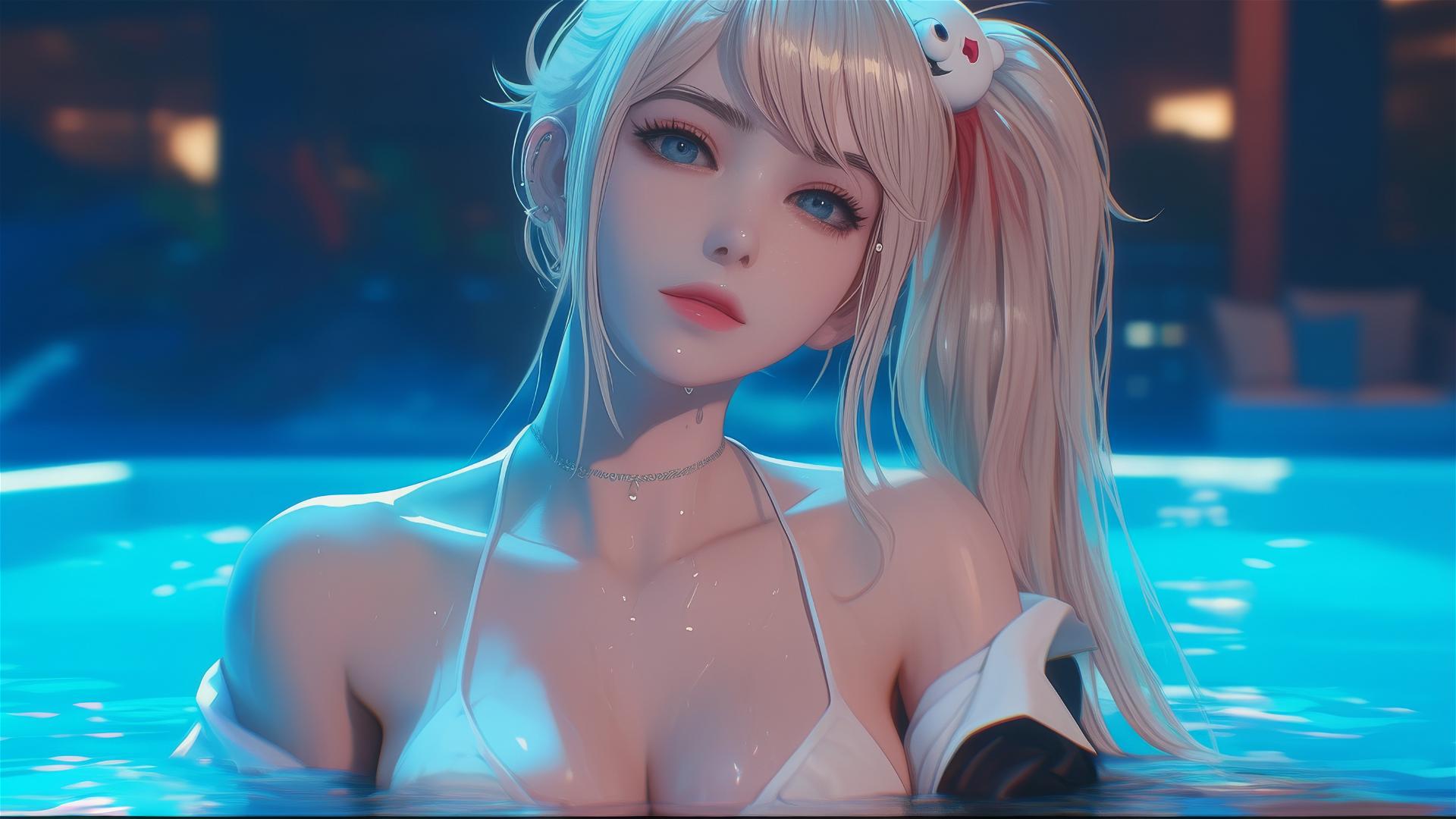 Photo of Junko Enoshima from Danganronpa in tub, blond hair, light blue eyes, hyper realistic, Photorealistic, 8k