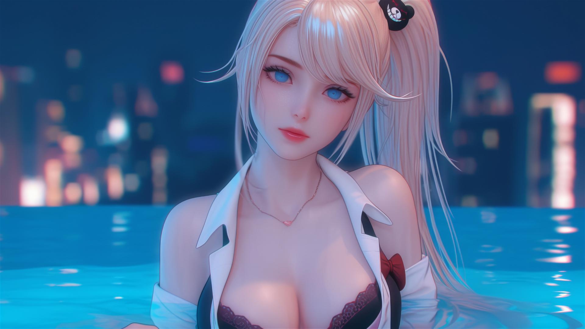 Junko Enoshima from Danganronpa resting in tub, blond hair and light blue eyes