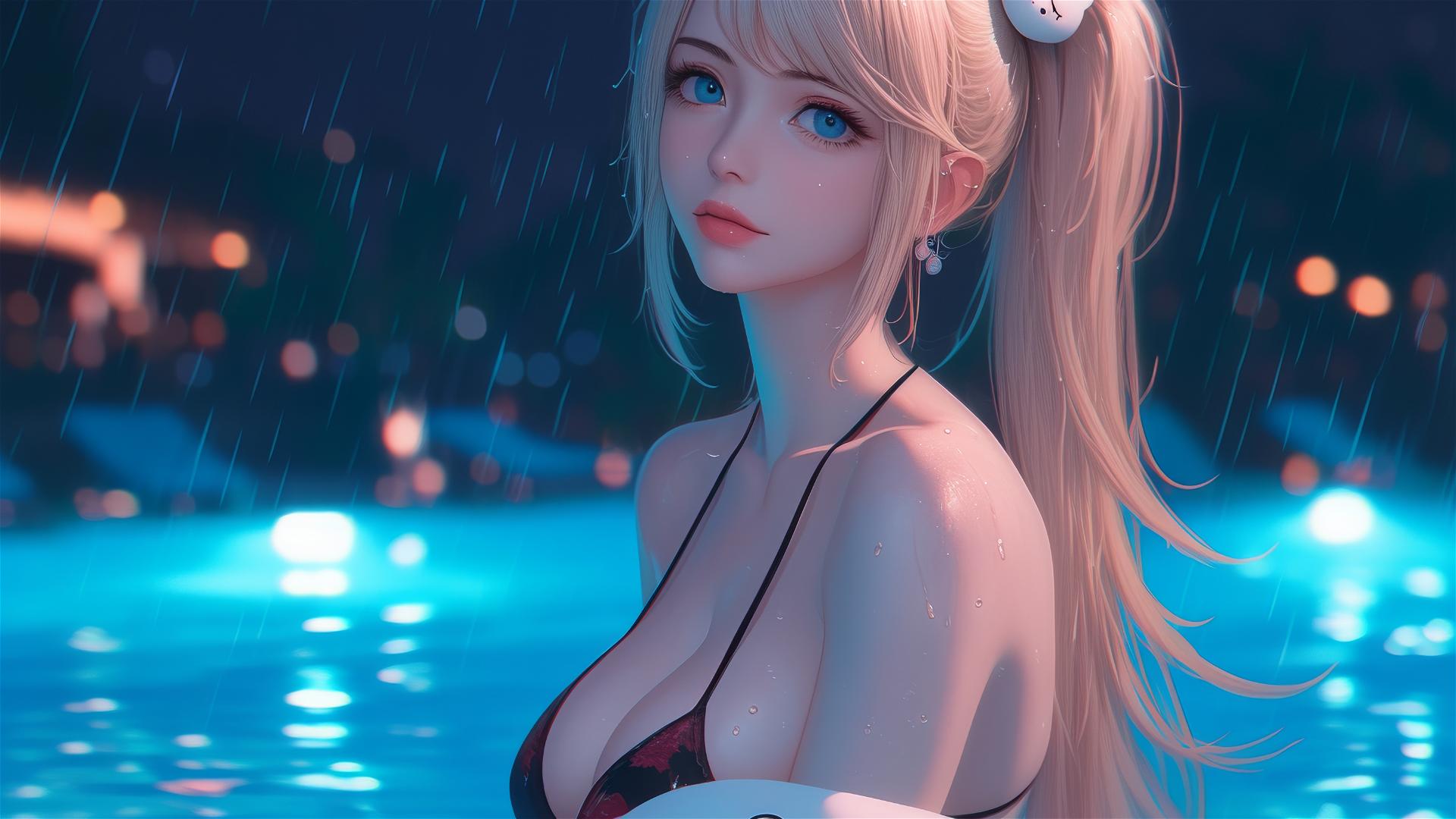 Junko Enoshima resting at rainy pool, focused on thighs, blond hair, light blue eyes, hyper-realistic style