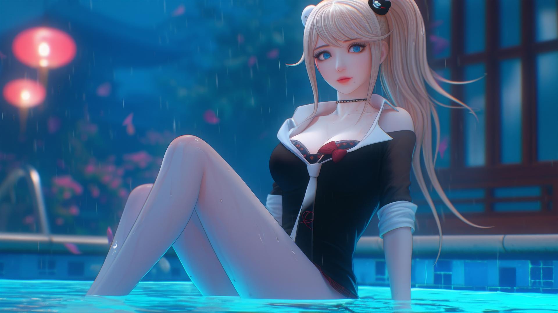 Junko Enoshima relaxing at a rainy pool, focusing on thighs, blonde hair, light blue eyes.